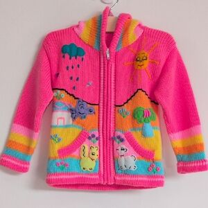 Pink Adorable Kids' Hooded Rainbow Knit Embroidered Sweater Jacket Size 3/4